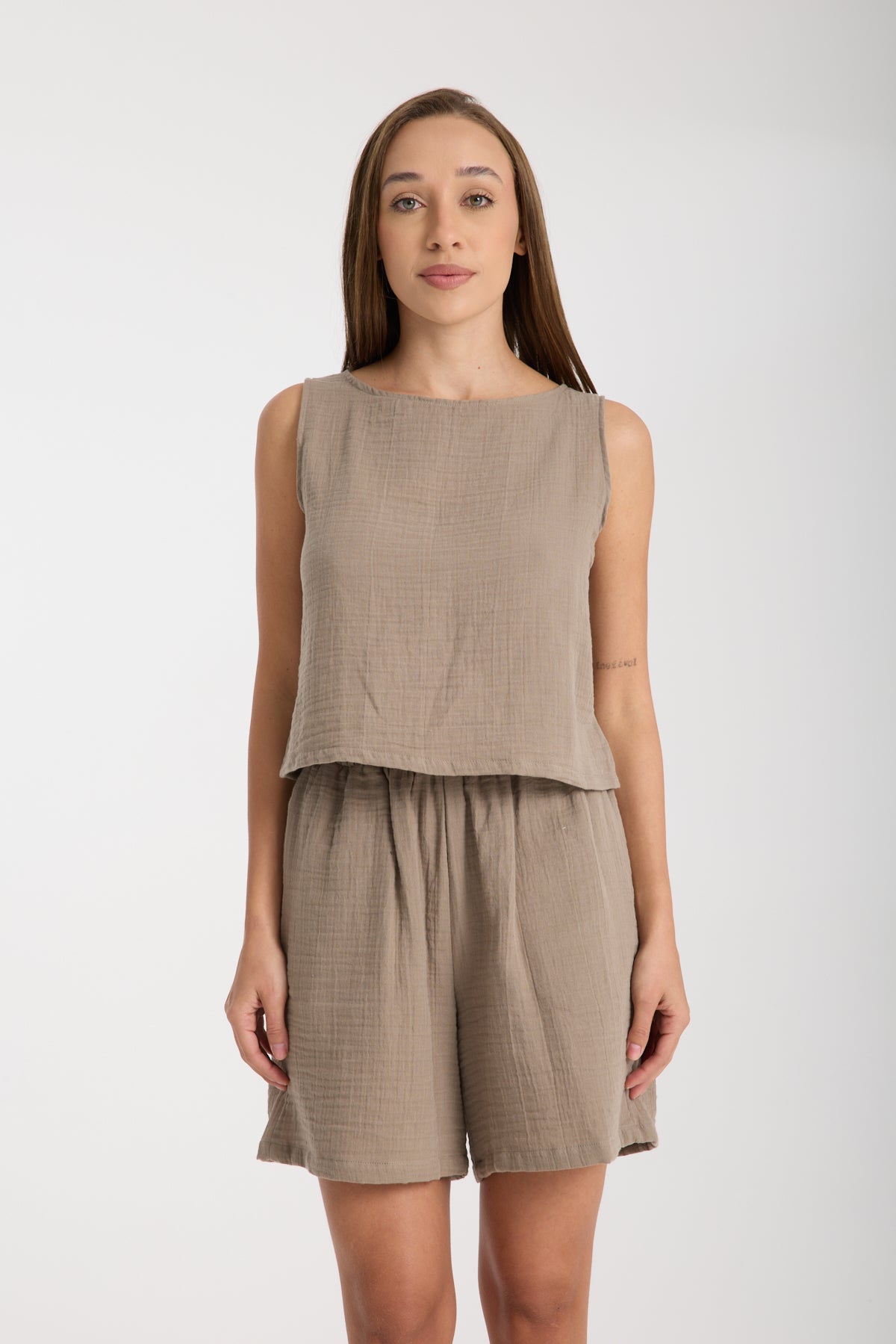 Double Layered Muslin Sleeveless Blouse Shorts Set