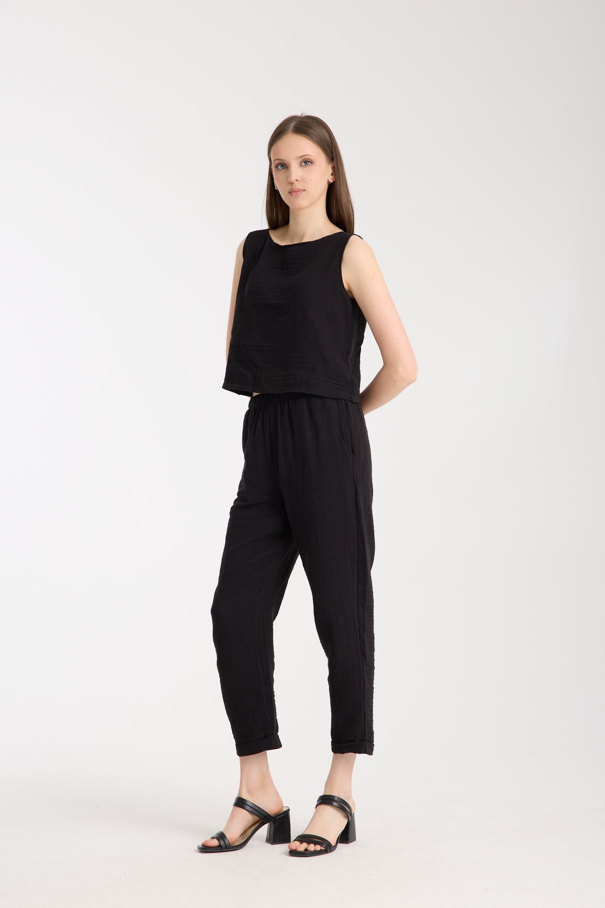 Double Layered Muslin Sleeveless Blouse and Plain Trouser Set