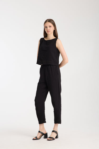 Double Layered Muslin Sleeveless Blouse and Plain Trouser Set