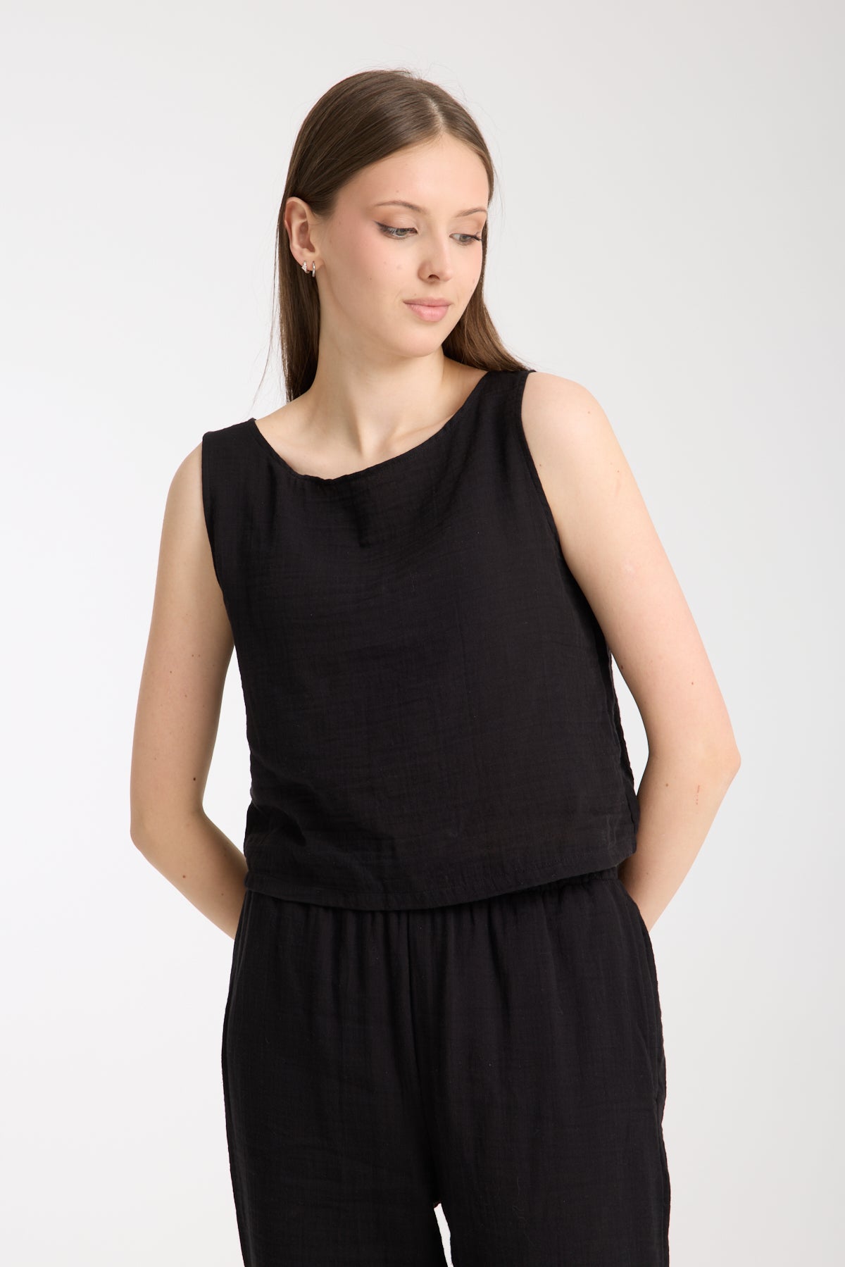 Double Layered Muslin Sleeveless Blouse and Plain Trouser Set