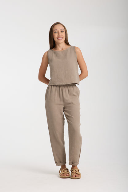 Double Layered Muslin Sleeveless Blouse and Plain Trouser Set