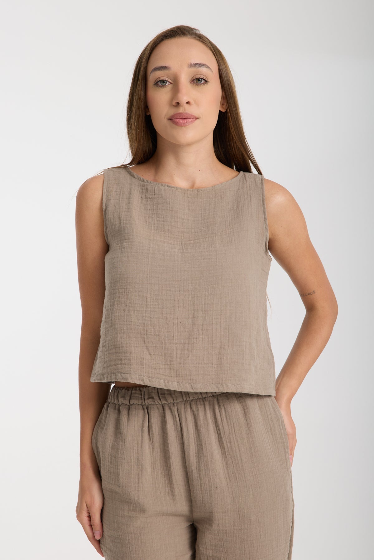 Double Layered Muslin Sleeveless Blouse and Plain Trouser Set