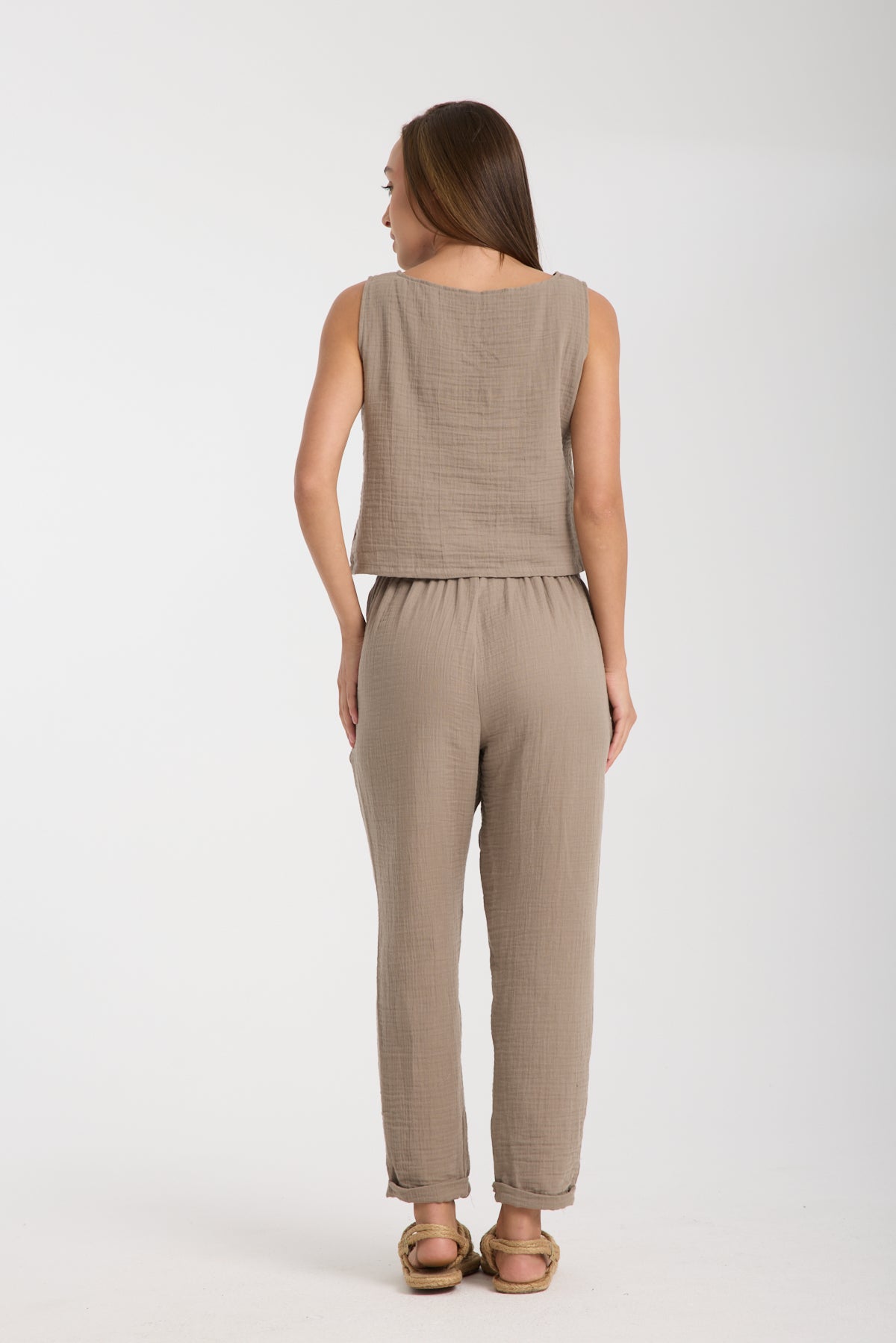 Double Layered Muslin Sleeveless Blouse and Plain Trouser Set