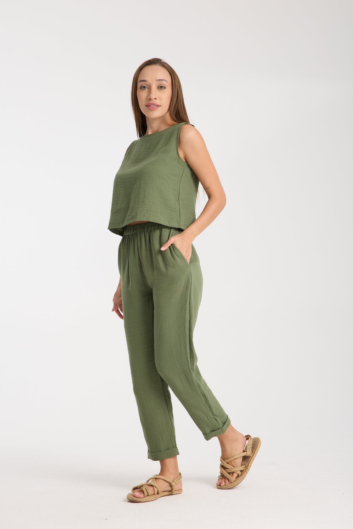 Double Layered Muslin Sleeveless Blouse and Plain Trouser Set