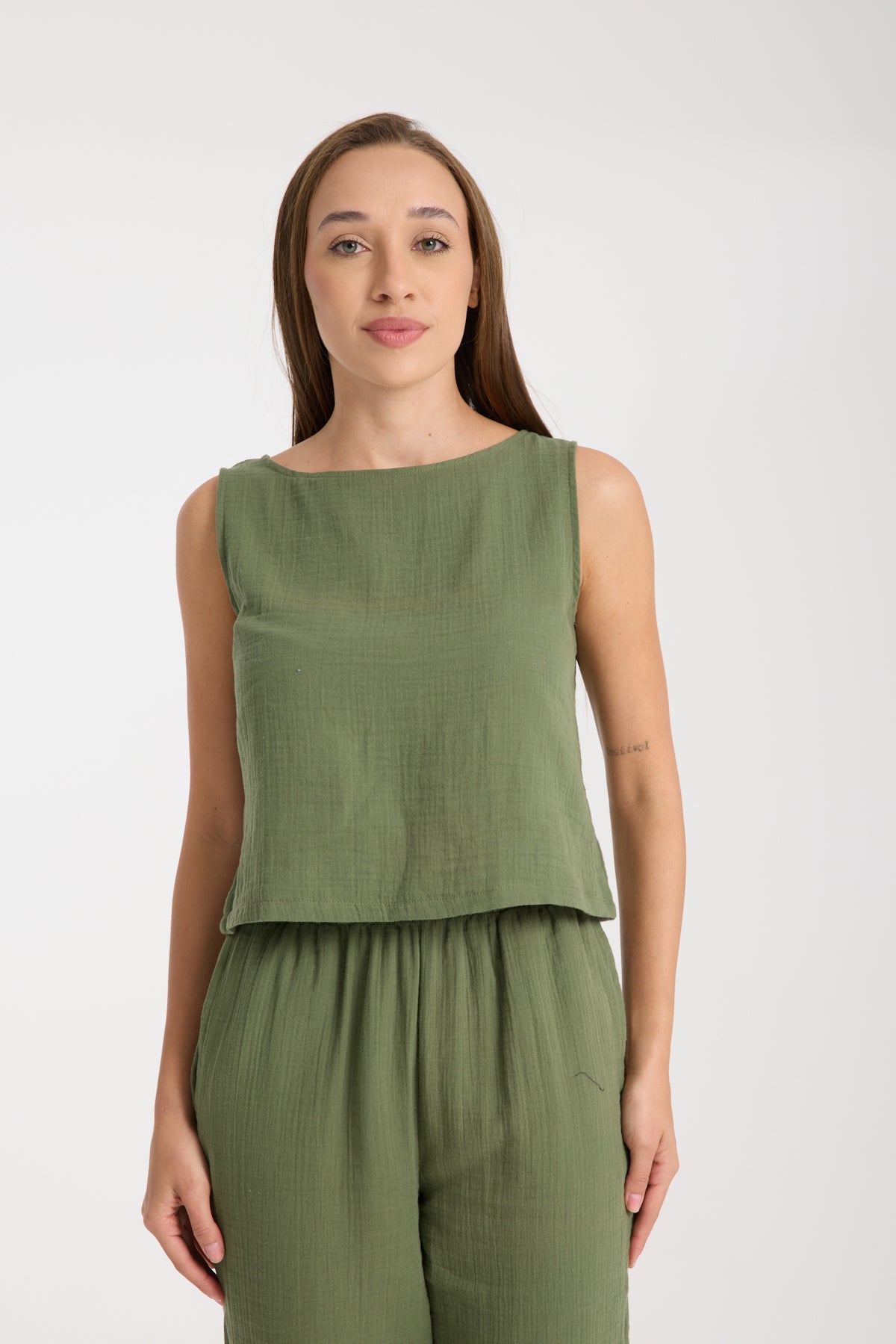 Double Layered Muslin Sleeveless Blouse and Plain Trouser Set