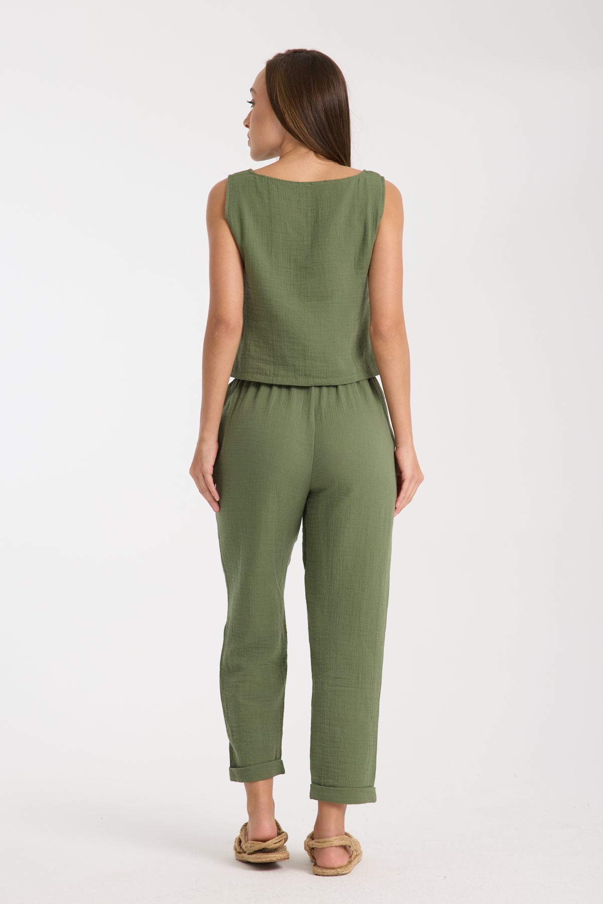 Double Layered Muslin Sleeveless Blouse and Plain Trouser Set