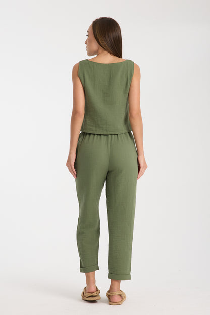 Double Layered Muslin Sleeveless Blouse and Plain Trouser Set