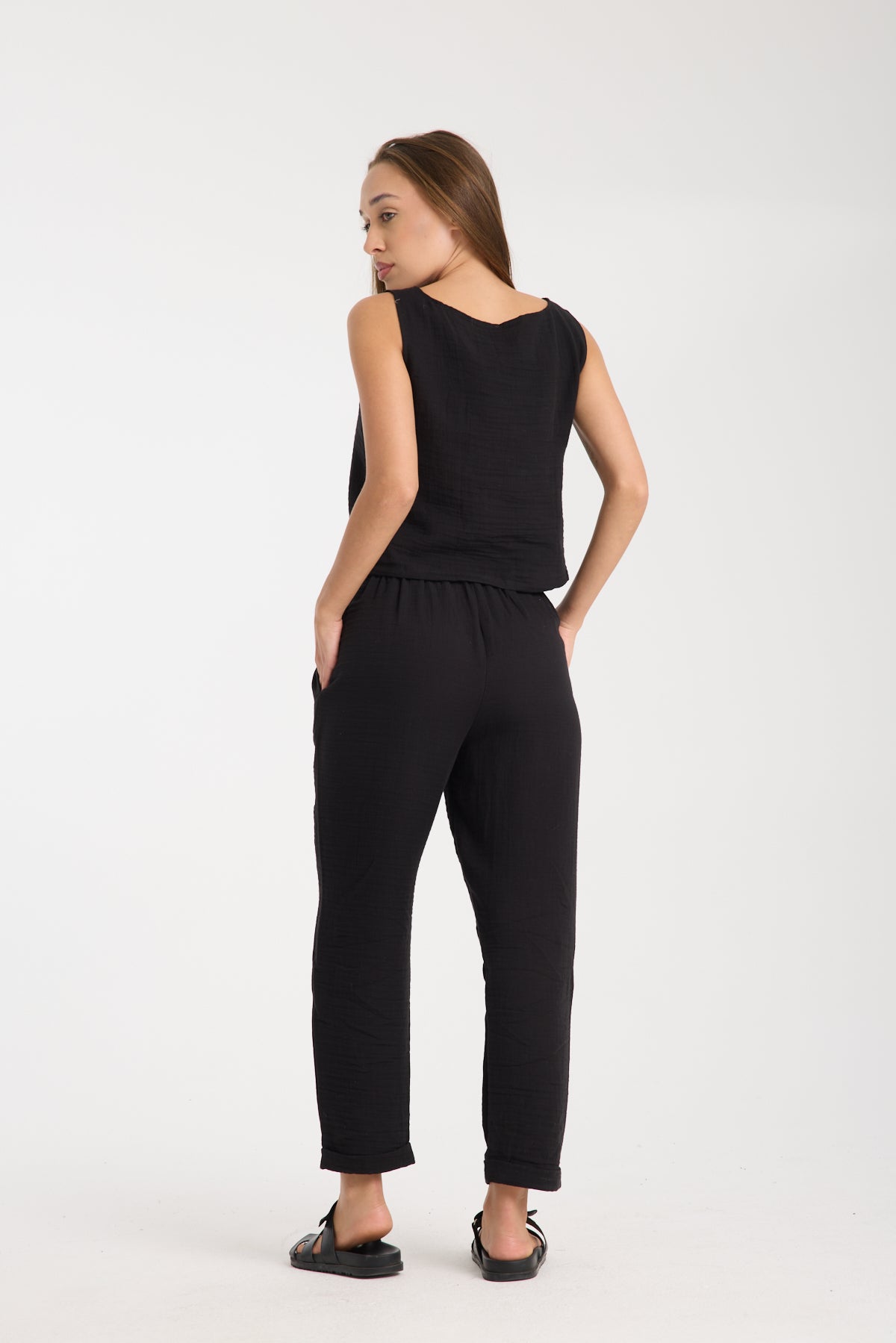 Double Layered Muslin Sleeveless Blouse and Plain Trouser Set