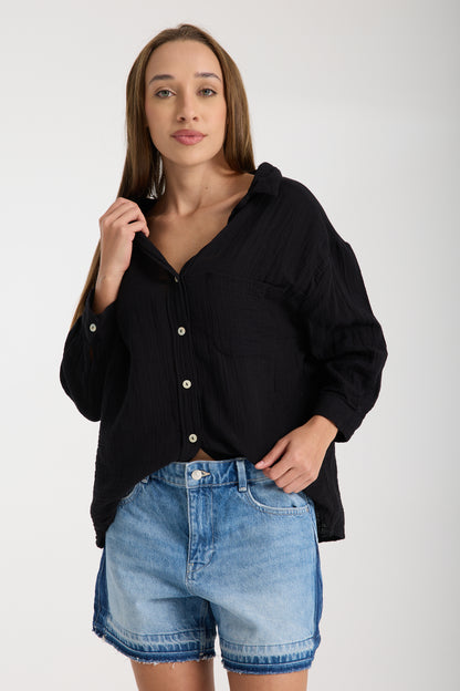 Double Layered Low Collar Muslin Shirt