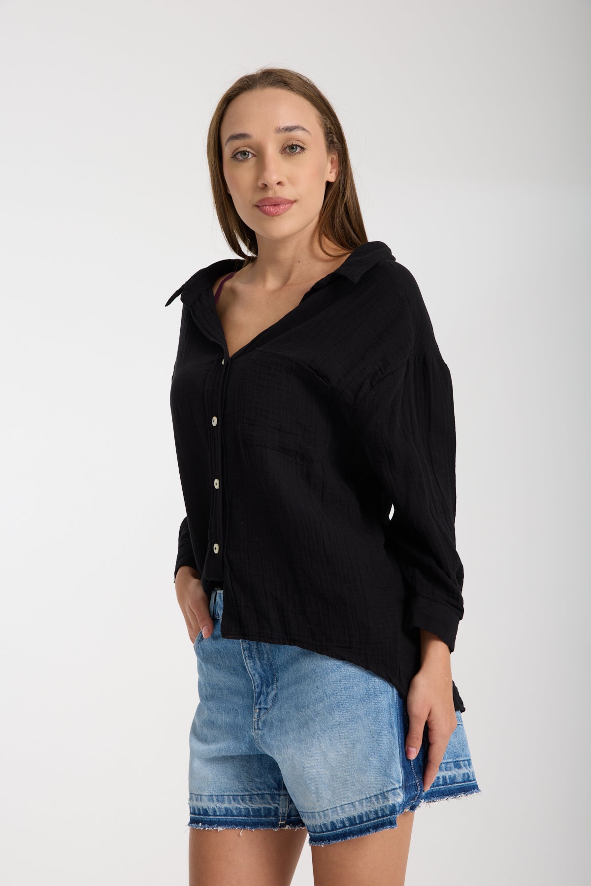 Double Layered Low Collar Muslin Shirt