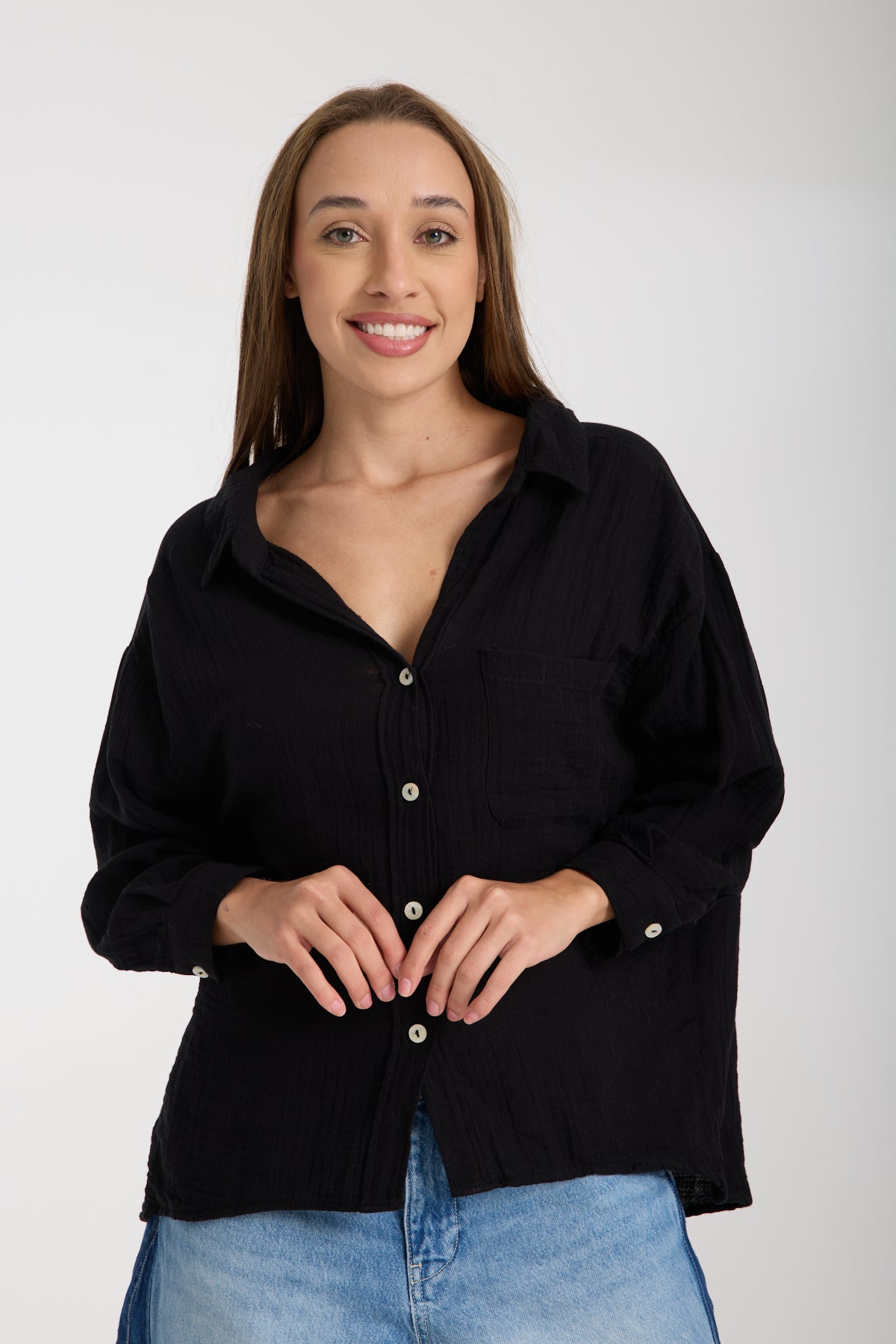Double Layered Low Collar Muslin Shirt