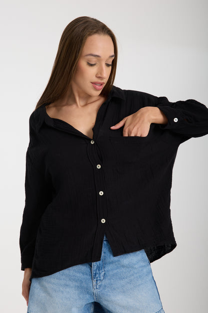 Double Layered Low Collar Muslin Shirt