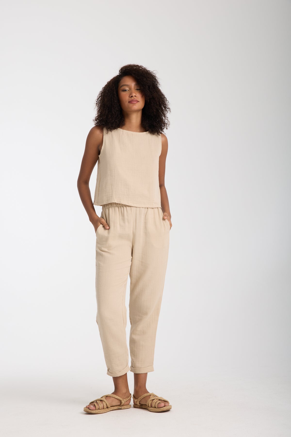 Double Layered Muslin Sleeveless Blouse and Plain Trouser Set