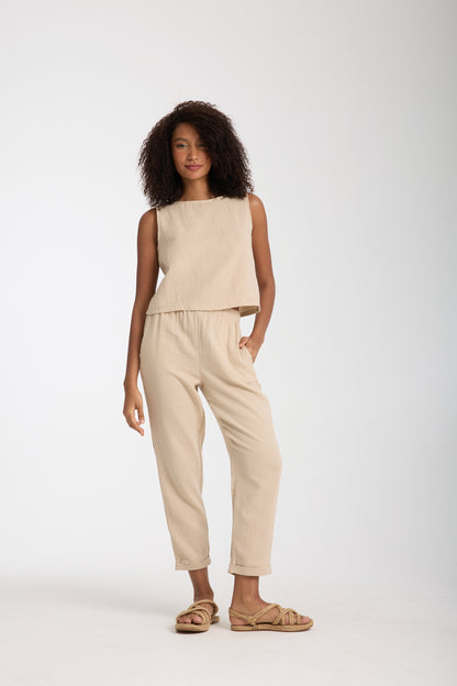 Double Layered Muslin Sleeveless Blouse and Plain Trouser Set
