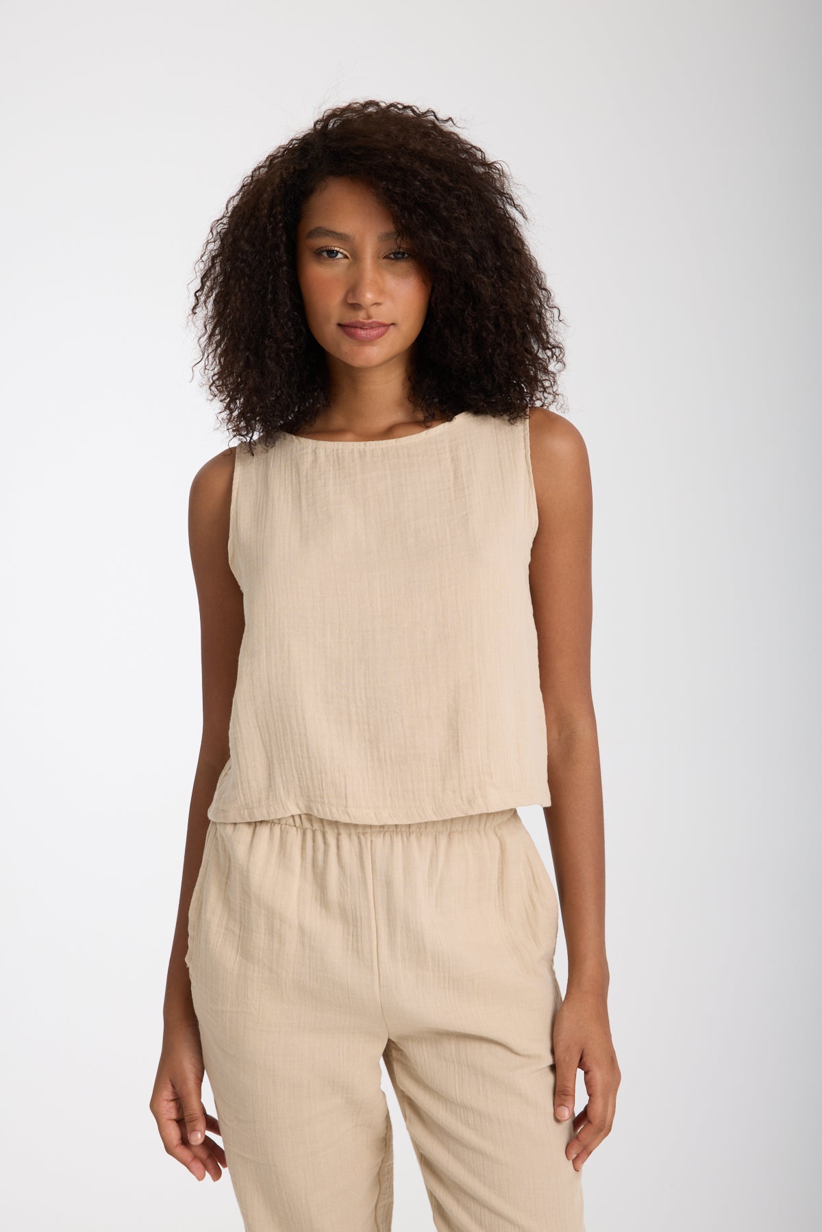 Double Layered Muslin Sleeveless Blouse and Plain Trouser Set