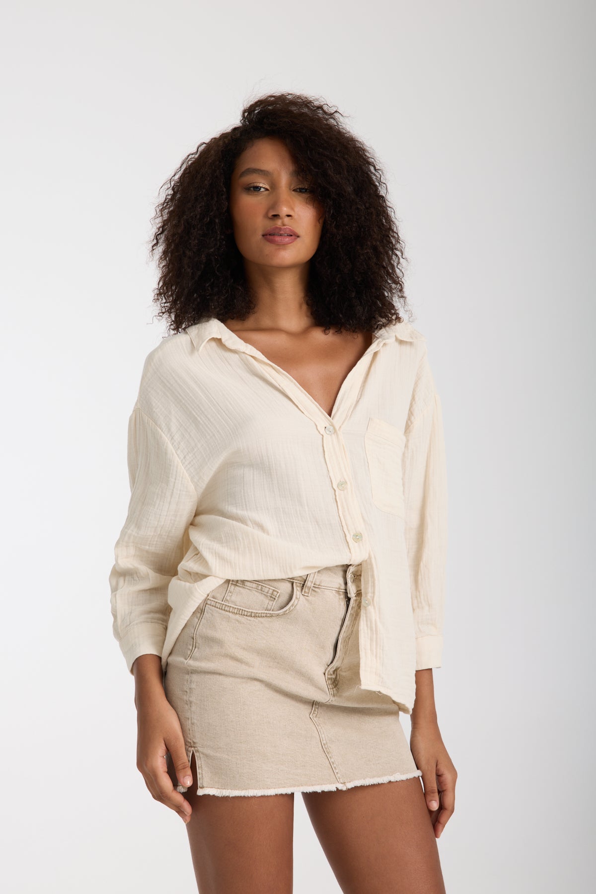 Double Layered Low Collar Muslin Shirt