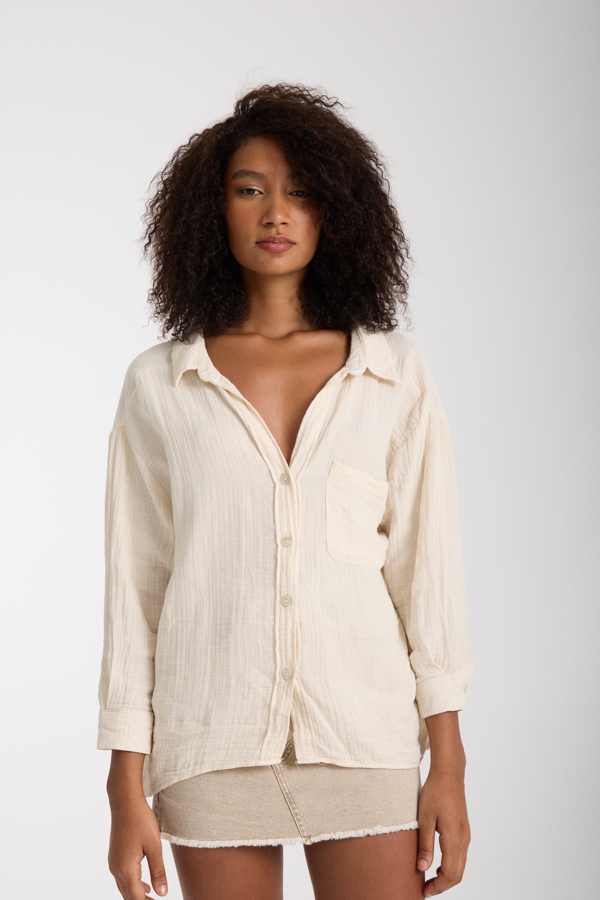 Double Layered Low Collar Muslin Shirt